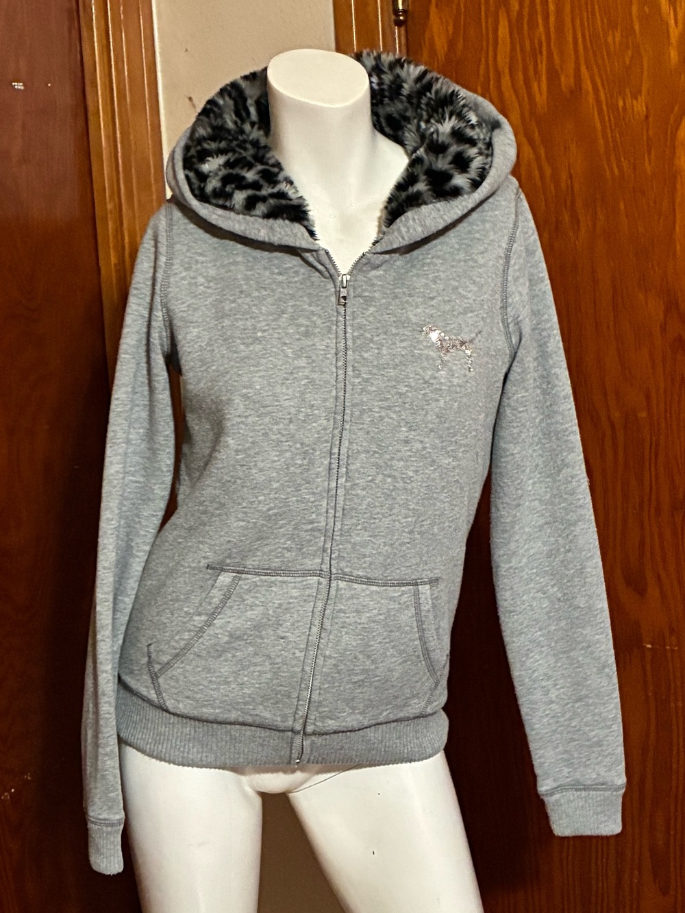 VS PINK Grey w/ Silver Sequin Logo & Leopard Print Faux Fur Lining Zip Up Hoodie - Picture 3 of 6